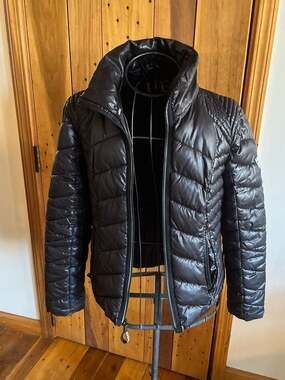 Guess Women's Black Quilted Moto-Style Puffer Jacket with Logo Patch